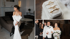 Collage featuring bride Renée in an elegant off-the-shoulder wedding gown with a classic bridal updo, close-up of the couple's wedding rings, and the bride walking down the aisle with her bouquet at The Society Room of Hartford.