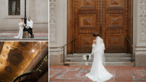 Wedding collage featuring Renée and Christian outside The Society Room of Hartford, bridal portraits by the grand wooden doors, and the venue's ornate interior ceiling.