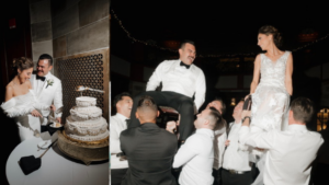 cut their wedding cake and celebrate with the traditional chair dance during their reception at The Society Room of Hartford, photographed by From the Valle Photo Co.
